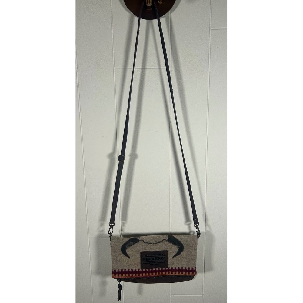 Pendleton Wool Leather Crossbody Bag Steer Skull Southwestern Foldover Clutch - Picture 4 of 10